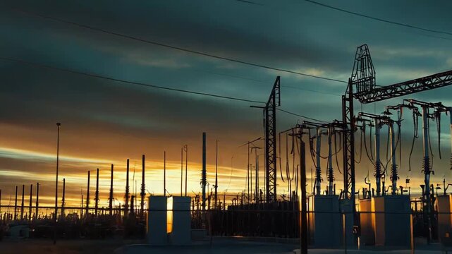 Electrical power station with its high voltage transmission lines and transformers. Generating and distributing power across a vast industrial infrastructure at twilight. With glow of the setting sun