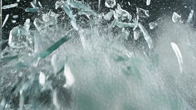 Shattered glass fragments in motion blur.