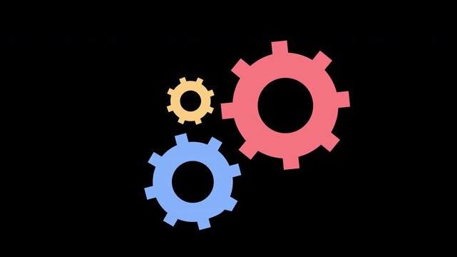 rotating gears symbolizing interconnected systems, teamwork, mechanical processes, productivity, engineering and technology animation with alpha channel.