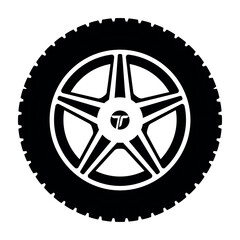 Fototapeta premium Car wheel silhouette icon with five spoke alloy rim and rugged tire tread pattern vector graphic design