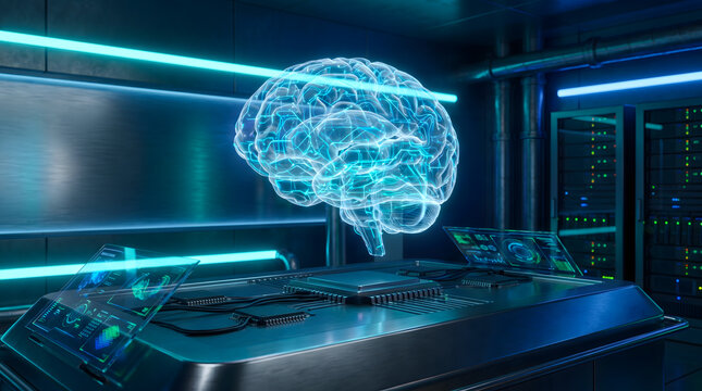 Artificial intelligence brain on a futuristic display with futuristic, computer