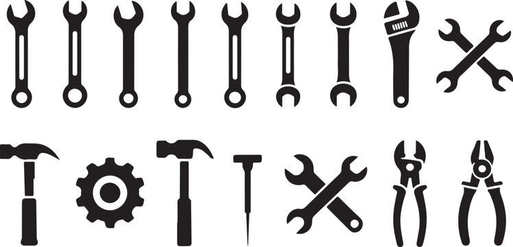 Set of black construction and mechanic repair tools icons