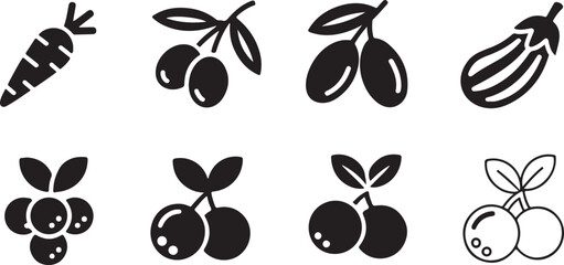 Set of simple black food icons featuring fresh vegetables and berries in a minimalist flat style © Mostafizur