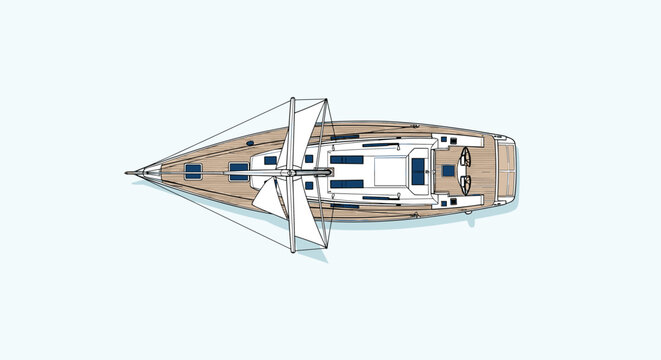 Detailed top view illustration of modern sailboat showing deck layout, masts, sails, and technical features on a calm light blue background.