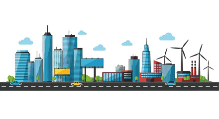 Fototapeta premium Modern urban city skyline illustration featuring blue skyscrapers, clean energy wind turbines, busy roads with cars, and billboards under a blue sky.