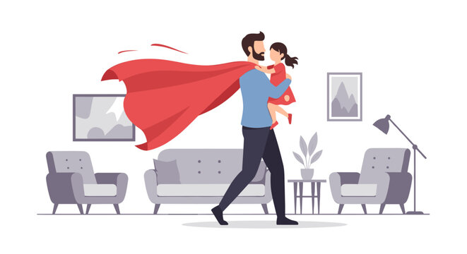 Father Day celebration with happy dad flying superhero cape indoors living room with family