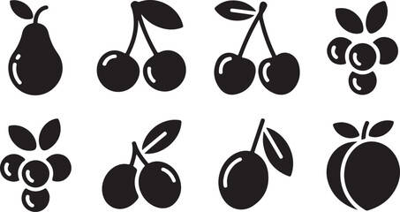 Set of black fruit icons featuring pear cherry berry and peach shapes for healthy food design © Mostafizur
