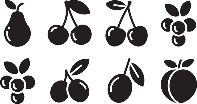 Set of black fruit icons featuring pear cherry berry and peach shapes for healthy food design