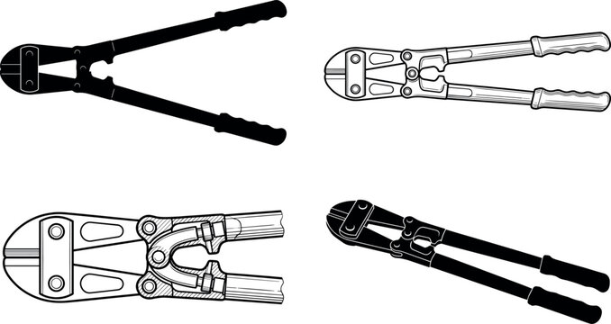 Bolt Cutter Tool Illustration Set with Heavy Duty Wire Cutting Pliers and Industrial Hand Tool Designs