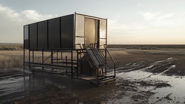Minimalist black modern structure providing isolation and shelter in a remote, muddy landscape during sunset, highlighting themes of solitude and the quiet of nature
