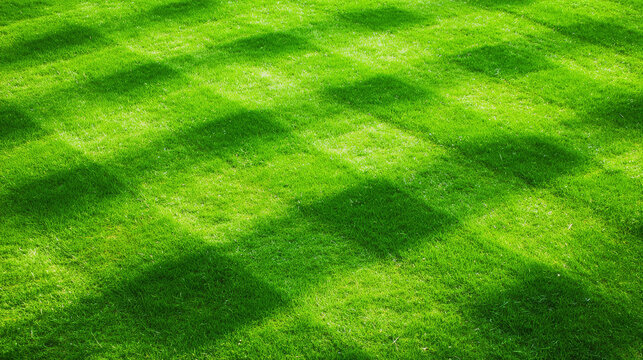 Grass background sunny landscape view of large field lawn pattern, peaceful summer scene with fresh green turf texture and soft shadow play