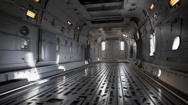 Spacious interior of an empty aircraft cargo bay featuring a low angle perspective of the textured floor and structural walls, highlighting industrial design and readiness for freight transport