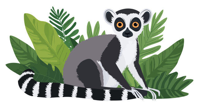 Illustration of a lemur sitting among lush green tropical leaves