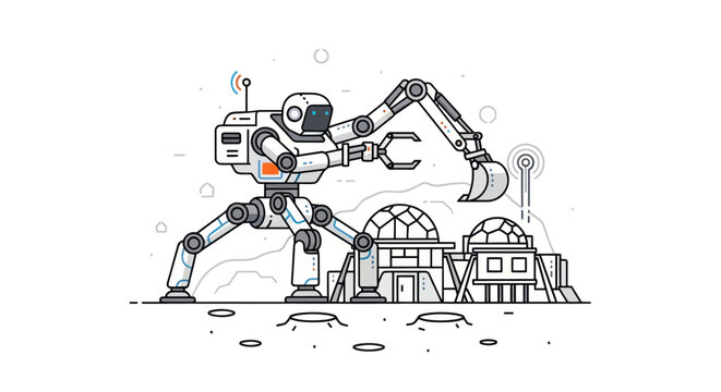 Robotic excavator building futuristic base on alien planet, sci-fi construction concept.