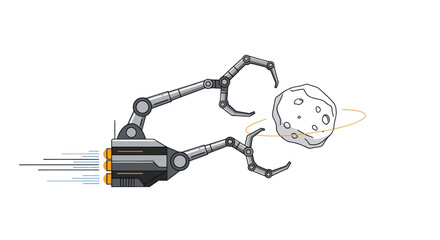 Robotic arm grabbing asteroid in space, pixel art style © Rizal