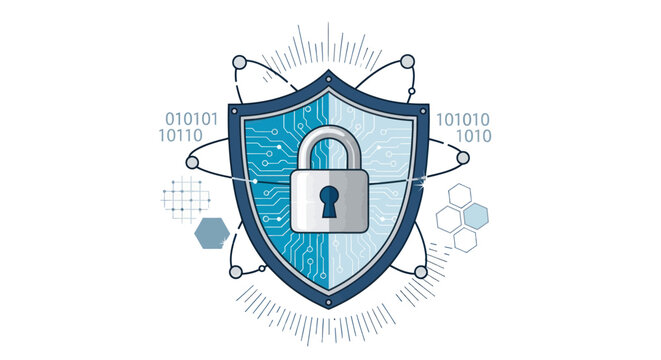 Digital Security Shield with Lock, Binary Code, and Network Elements