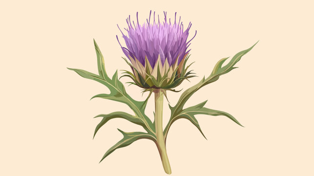 Digital illustration of a purple thistle flower with green leaves on beige background