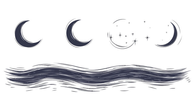Artistic depiction of moon phases and starry sky above a wavy, brushstroke pattern