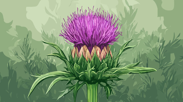 Digital illustration of a vibrant purple thistle flower with green foliage