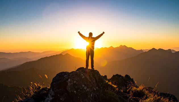 Inspirational Sunrise over Mountain Peaks with Victorious Silhouette