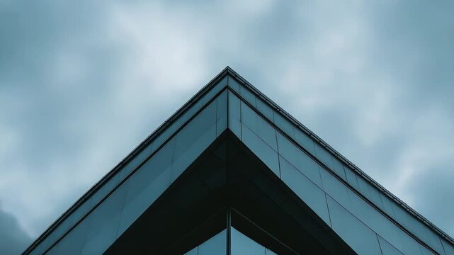 Modern building showcasing a striking an architectural corner with clean lines and a reflective glass facade reaching towards a simple sky, symbolizing concepts of progress and innovation