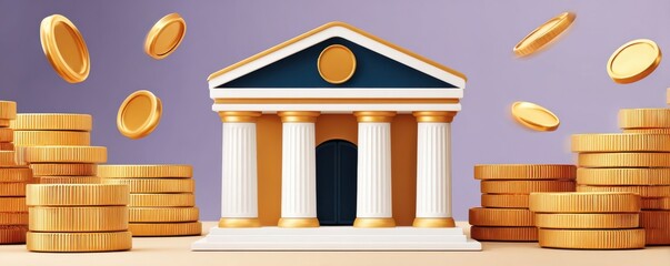 Fototapeta premium Stylized bank building with stacks of golden coins representing finance, savings and investment concepts