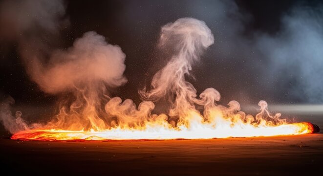 A large fire burns intensely outdoors at night producing smoke.