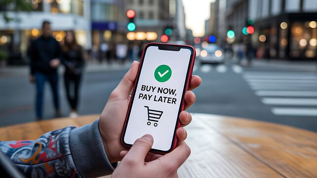 Buy now pay later mobile payment app displayed on smartphone in urban setting