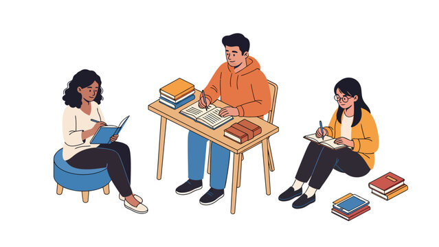 Three diverse students studying together, writing and reading in a collaborative learning environment.