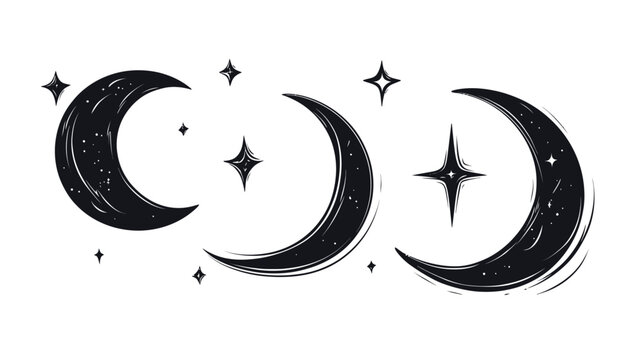Celestial illustration with three crescent moons and multiple four-pointed stars in a minimalist style