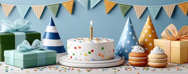 Fototapeta premium Birthday celebration scene with white confetti cake, candles, party hats and wrapped gifts on table