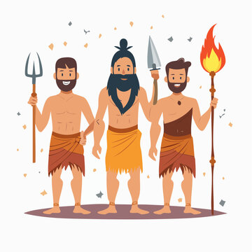 Three Cavemen Holding Primitive Weapons and Torch