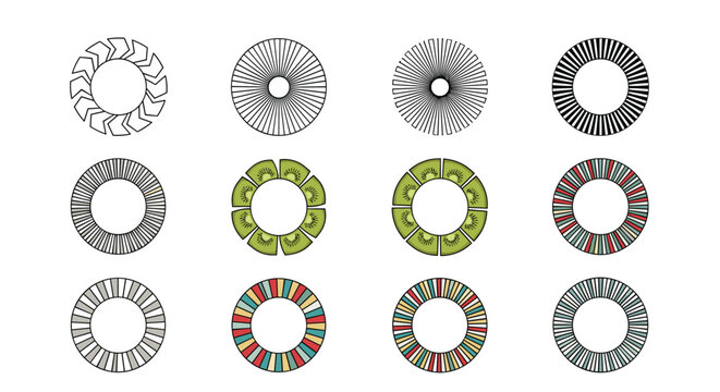 Collection of twelve circular frames and borders featuring geometric patterns, lines, and stylized kiwi fruit slices in various colors.