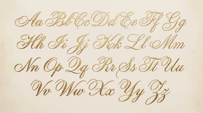 A goldtextured alphabet featuring uppercase and lowercase cursive letters arranged on a textured cream background