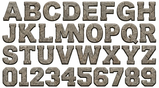 An alphabet and digits 09 rendered in a heavy cracked stone texture on a white background