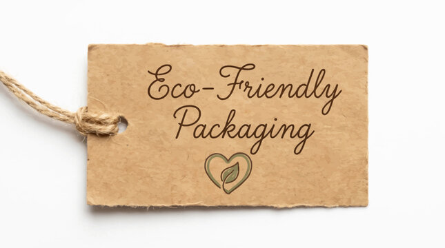 A rectangular kraft paper tag with twine featuring the text EcoFriendly Packaging and a heartleaf icon