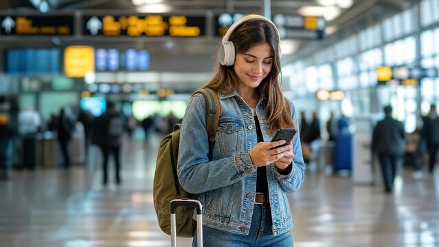 Happy Young Woman Traveler with Backpack and Suitcase Using Smartphone and Headphones at Airport Terminal