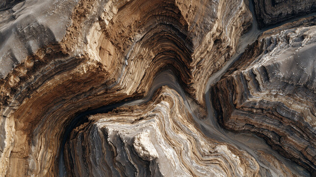 Abstract geological formation showing layers of rock folded and eroded over time.