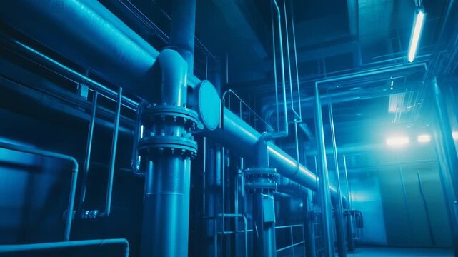 Network of blue hued industrial pipes and complex machinery filling a modern manufacturing plant, conveying liquids or gases and symbolizing technological infrastructure and energy