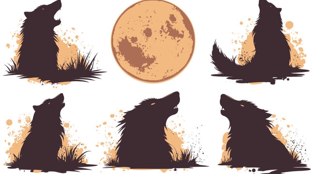 Silhouettes of wolves howling under a moon, set against an abstract textured background