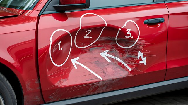 Red car door with marked scratches and dents showing vehicle damage inspection concept