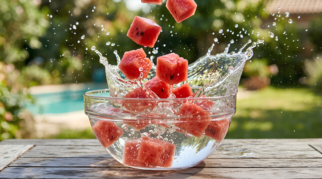 Fresh red watermelon cubes splash into a clear bowl of water on a rustic wooden table in a sunny backyard with a pool.