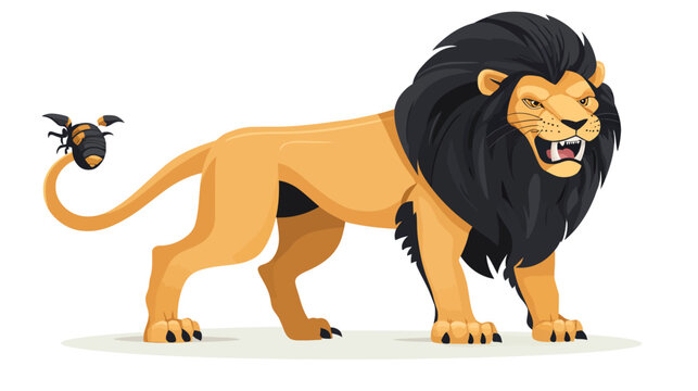 A fierce lion with a dark mane encounters a flying insect near its tail