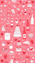 Naklejka premium A pink pattern featuring various food and drink icons