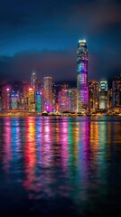 Fototapeta premium Vibrant Cityscape at Night with Colorful Lights Reflected on Water