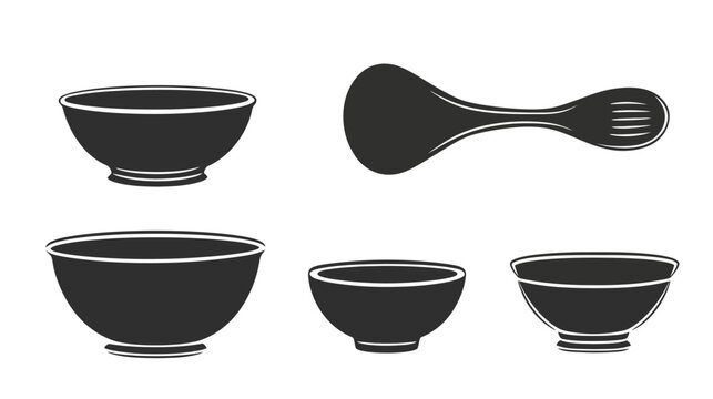 Stylized monochrome drawings of various food bowls and a serving spoon on a white background