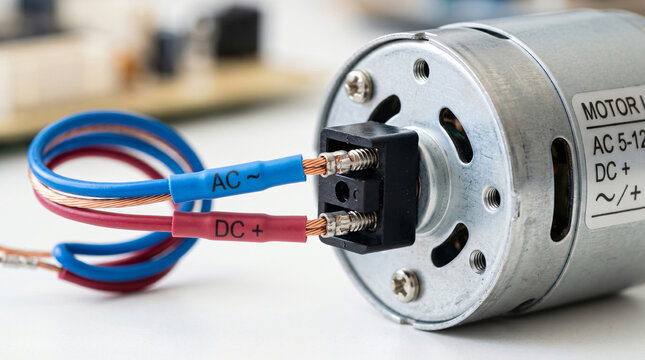 Close-up of small electric motor with blue and red wires labeled AC and DC power connections