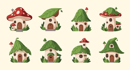 Fototapeta premium Collection of cute fairytale mushroom and leaf houses with doors and windows set in small grassy clearings in a whimsical style.