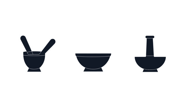 Three dark silhouettes of kitchen tools a mortar and pestle set, a bowl, and another mortar and pestle