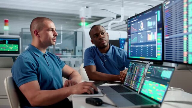Worker Monitors Industrial Automation System On Computers